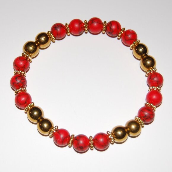 Red and Gold Bracelet,Red Howlite and Golden 8mm Beads - Picture 2 of 3